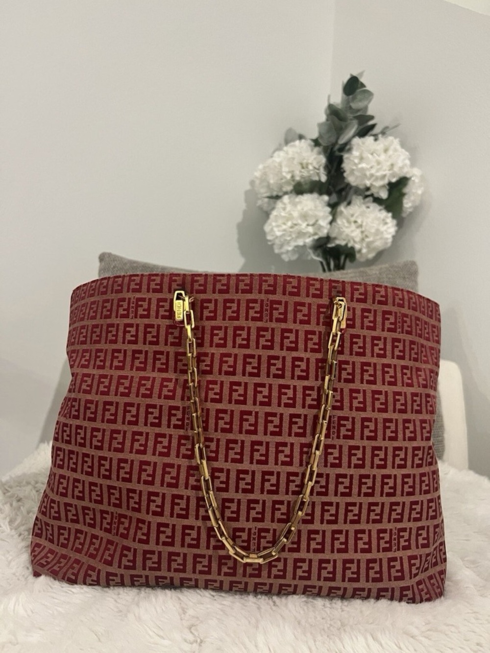 FENDI Zucchino Canvas Chain Tote Bag Red AUTHENTIC